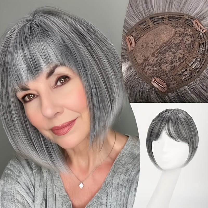 

Elegant Straight Synthetic Hair Topper For Women With Bangs, Fiber, Bob Hairpiece For Thinning Hair