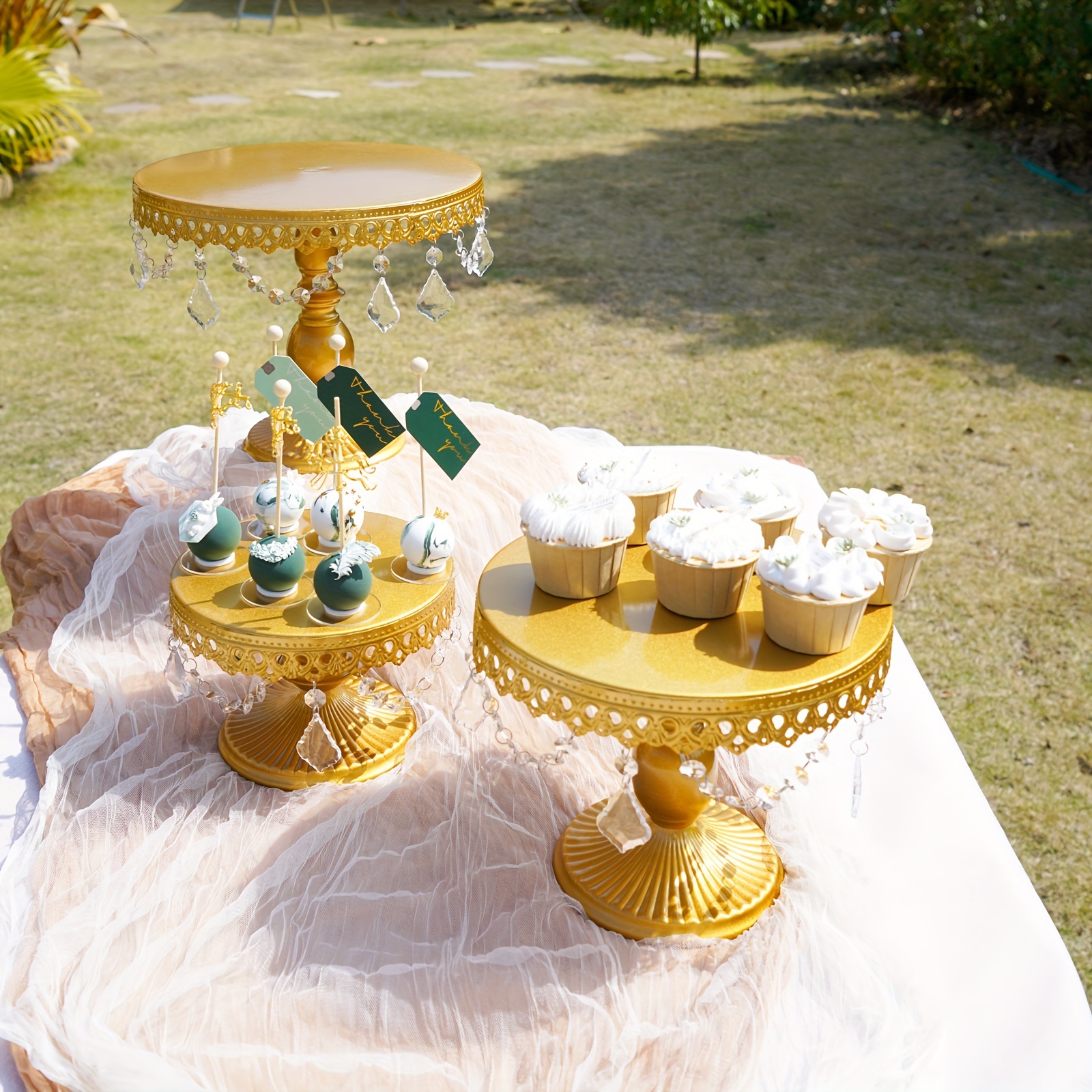 

3-set Antique Cake Stand Set - Round Metal Cupcake Stands With Pendants And Beads - Elegant Dessert Display - Wishes-, For For Wedding, Birthday Party Decor, Gold//cream White