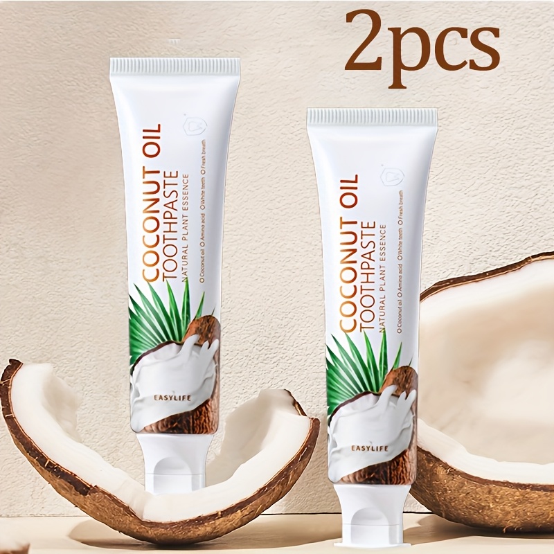 2pcs Natural Coconut Oil Toothpaste for Sensitive Gums & Teeth - Gentle Whitening Formula with Coconut Oil & Coconut Milk, Deep Cleaning, Removes Stains, Gentle Oral Care, Fresh Breath Solution | Tropical Packaging | Coconut Oil Infused