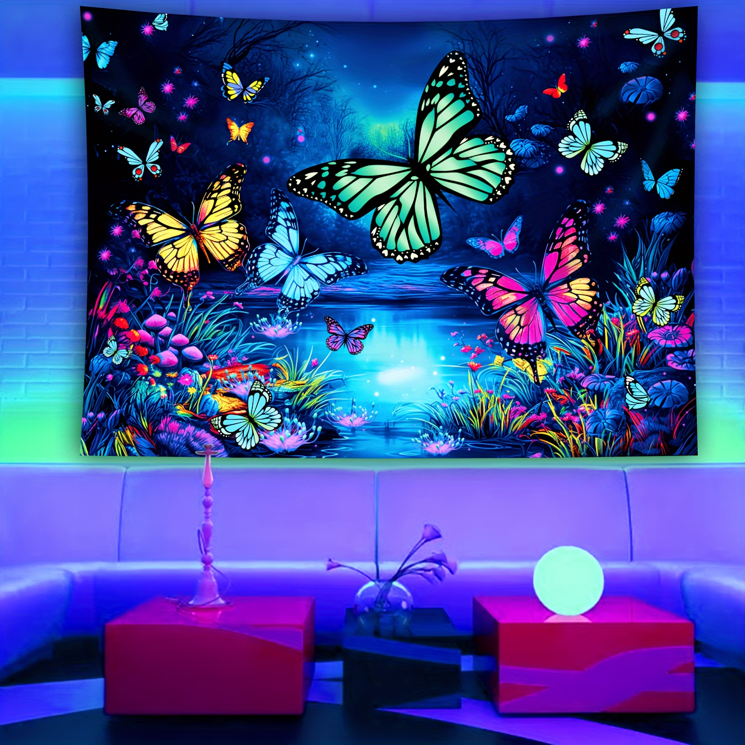 Pond Butterfly Uv Black Light Tapestry Fluorescent Wall Decor_voghion.com