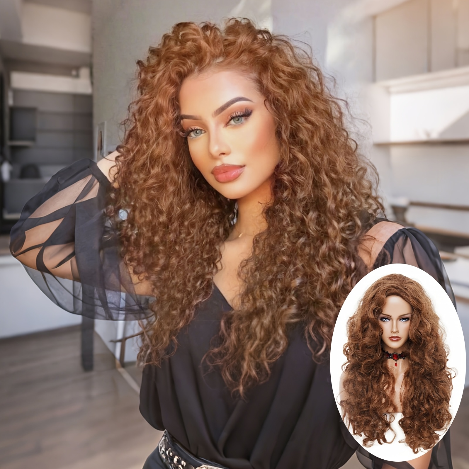 Image of 24 Inch Long Brown Curly Wig For Women Curly Wavy Hair Wig Synthetic Fiber Middle Part Cosplay Wig Soft Wavy Hair Wig For Daily Halloween Costume Use