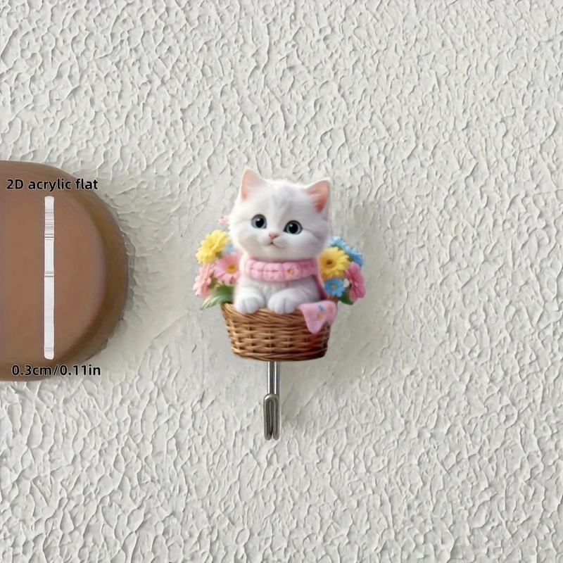 TEMU 2d Flat - Little White Cat Flower Basket Hook, No-drill Traceless Door/bathroom Hanger, Suitable For Kitchen And Living Room Decor | , Stylish