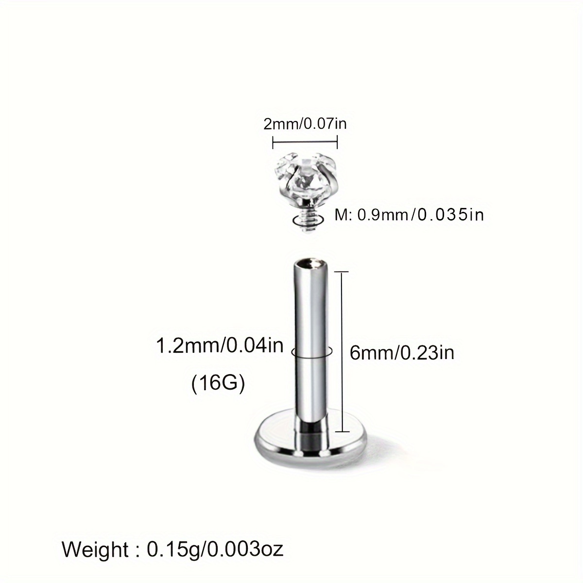 TEMU 1pc Pendiente de Acero Inoxidable de 16G con Base y Circonita - Diseño Sencillo y Elegante para Uso Diario y Regalo