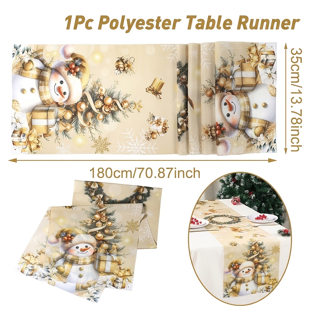 TEMU 2d Flat, 1pc, Christmas Tablecover, Snowman, Christmas Tree, Gifts, Christmas Wreath And Reindeer Patterns Table Runner, Table Decor For Dining
