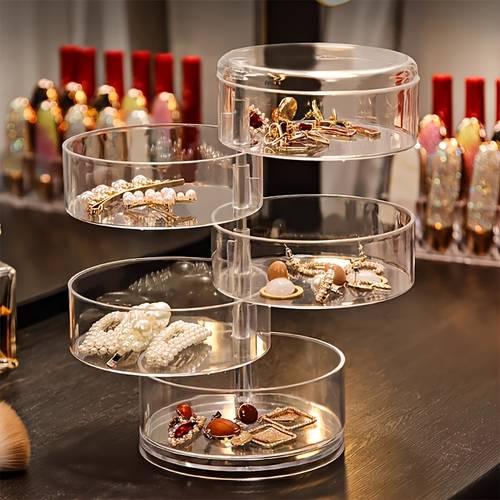 1 bohemian style 5 tier jewelry organizer large capacity clear plastic rotating earring and bracelet holder with dust cover lockable desktop accessory storage multipurpose oval jewelry box suitable for hair accessories bangles necklaces earrings and watches for perfect jewelry storage home decor display case