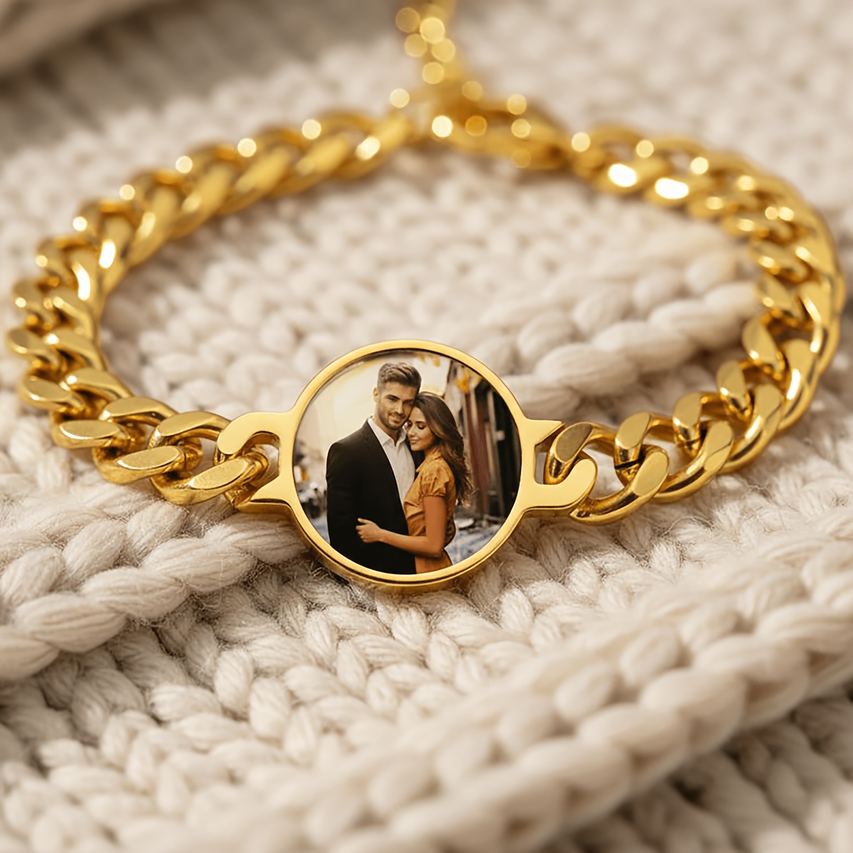TEMU Custom Photo Bracelet For Men, 18k Golden Plated 304l Stainless Steel Cuban Link Bracelet, Personalized Round Color Picture Couple Bracelet,