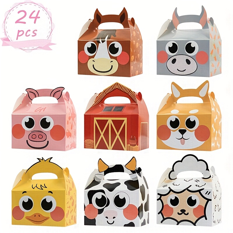 Image of Gift For Her/him Farm Animal Gift Boxes Set - 24pcs Barnyard Animals Paper Goodie Boxes With Handle For Birthday, Baby Shower, Farm Themed Party Favors, Halloween, Christmas