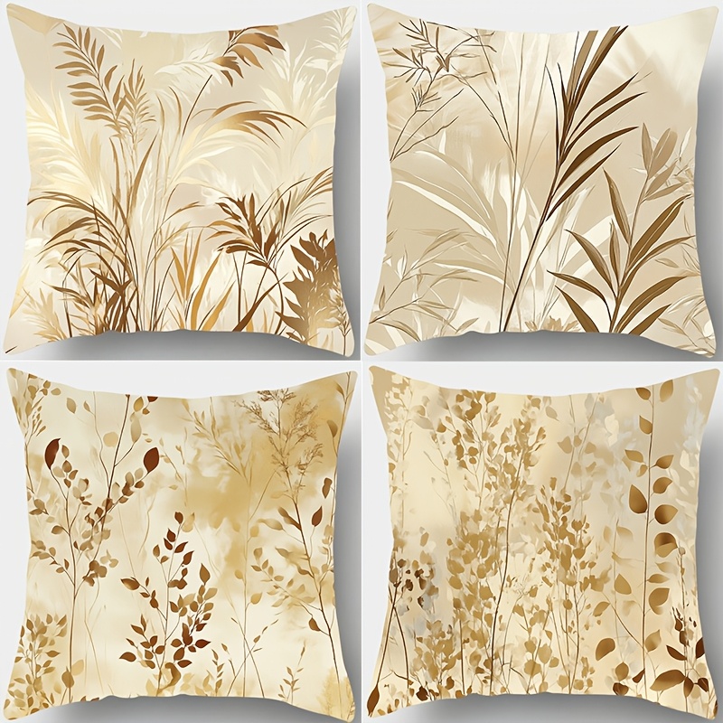 

4pcs Elegant Botanical Print Pillowcases, Golden & Tones, 17.72" Square, Soft Polyester, Zipper Closure - Ideal For Sofa & Bedroom Decor