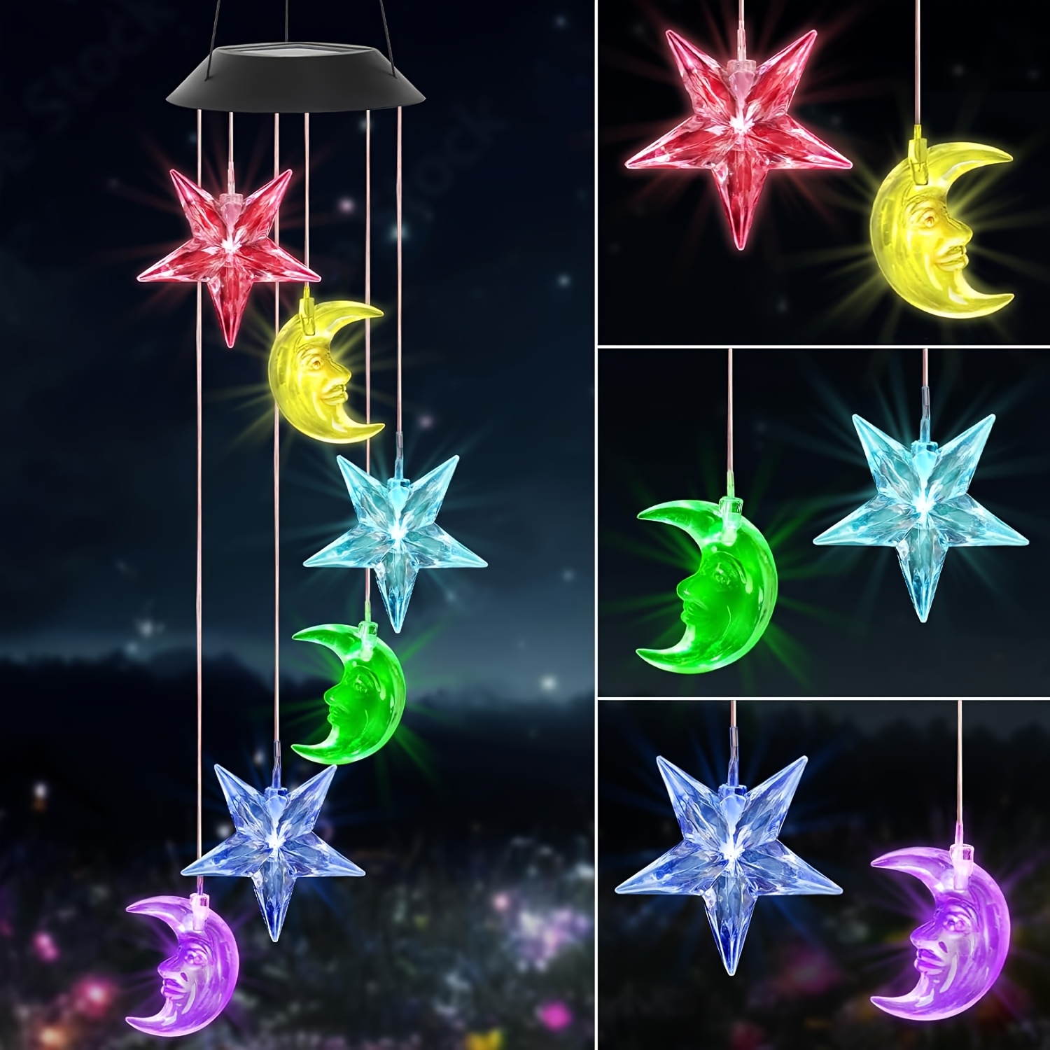 Image of Solar Wind Chime Light Star And Moon Outdoor Hanging Lamp Outdoor Lighting Led Color Changing Hanging Light Suitable For Courtyard Porch Best Gift For Women, Mom, Wife, Sister, Grandma, Aunt