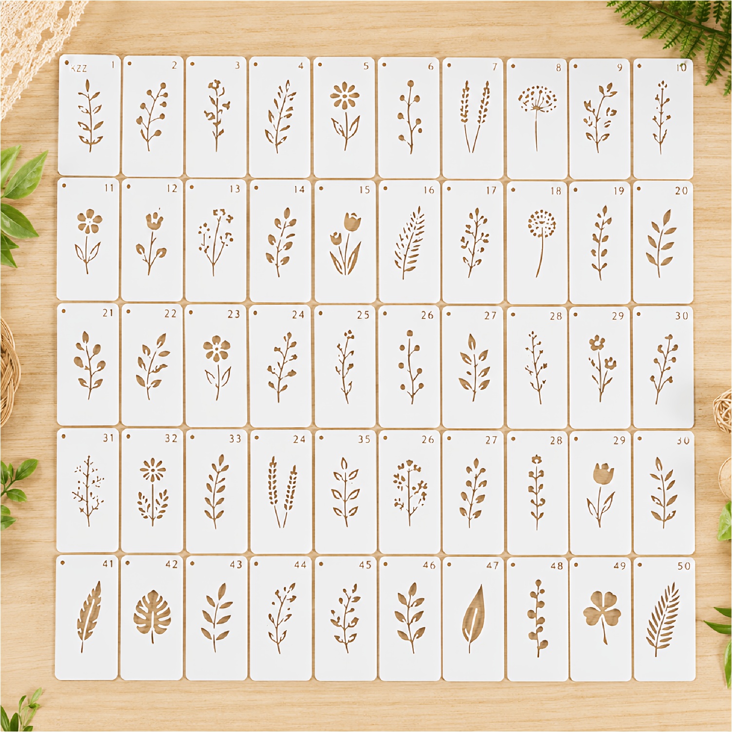 TEMU Kzz 50pcs Individual Tiny Floral Branch Stencil Set Reusable Mylar Painting Template Separate Mini Vertical Stem Leaf Monstera Palm Fern Clover