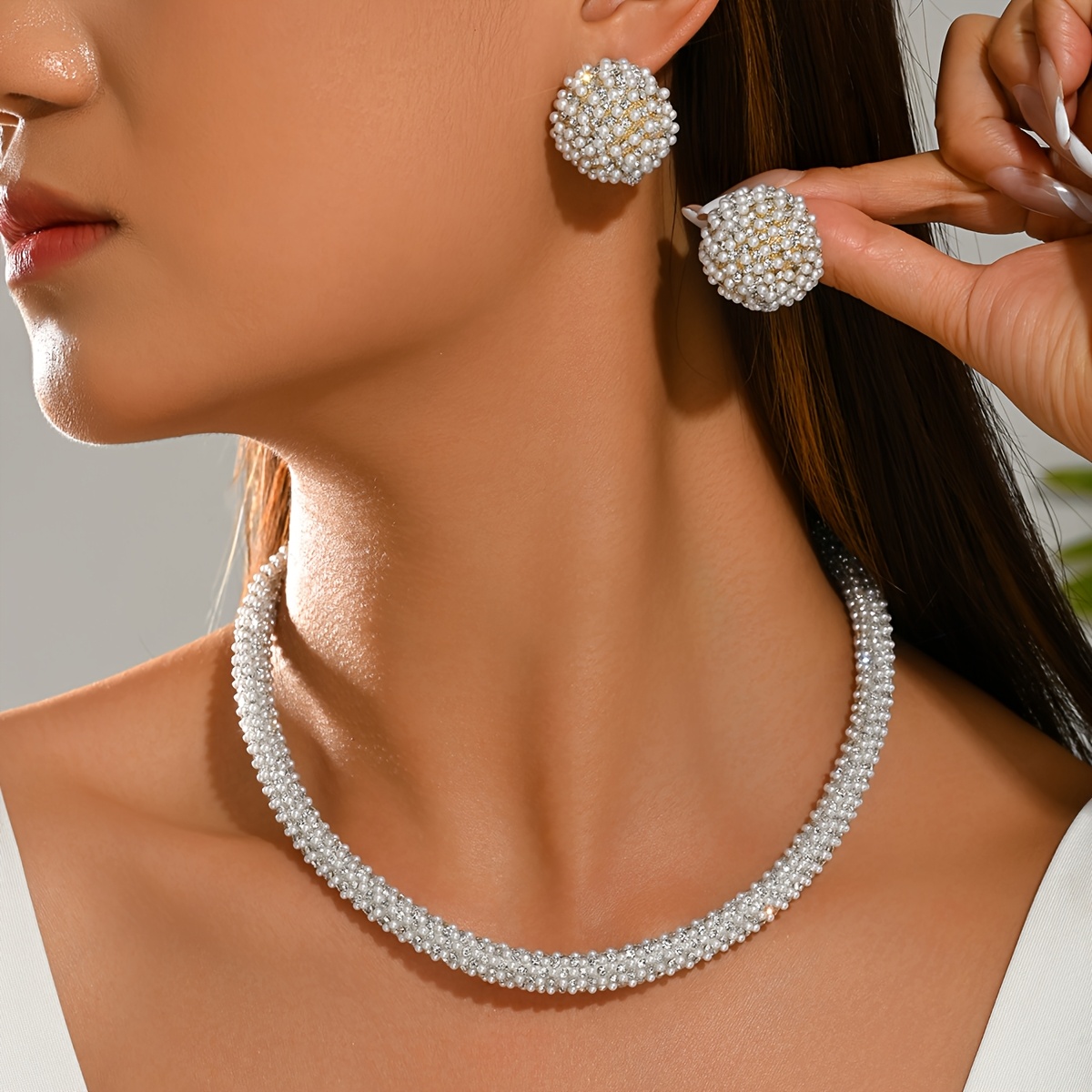 TEMU 1 Set Of 2pcs Vintage-, Niche, Versatile, Light Luxury, High-end Handmade Necklace And Earrings Set. A , Fashionable, Unique, And Minimalist