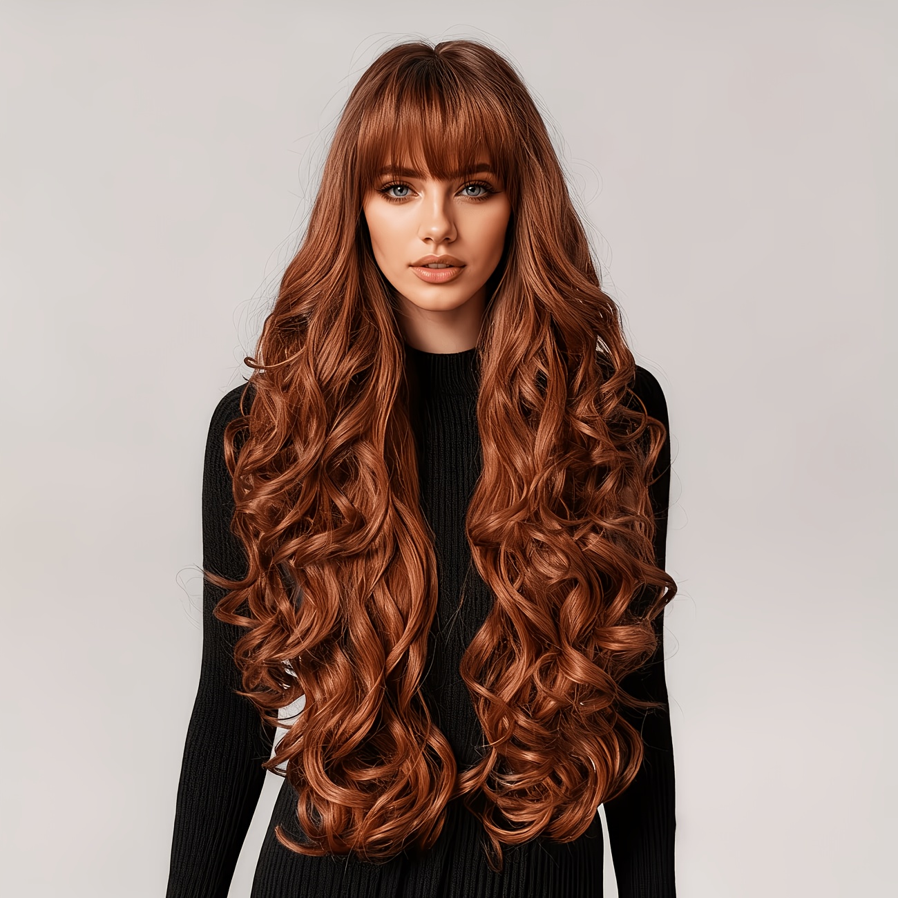 Image of 28 Inch Viral Ginger Long Wavy Wig For Women, Thick Layered Loose Curly Synthetic Wig With Full Straight Bangs, Heat Resistant Wig, European Trend Daily Party Cosplay Hair Wig