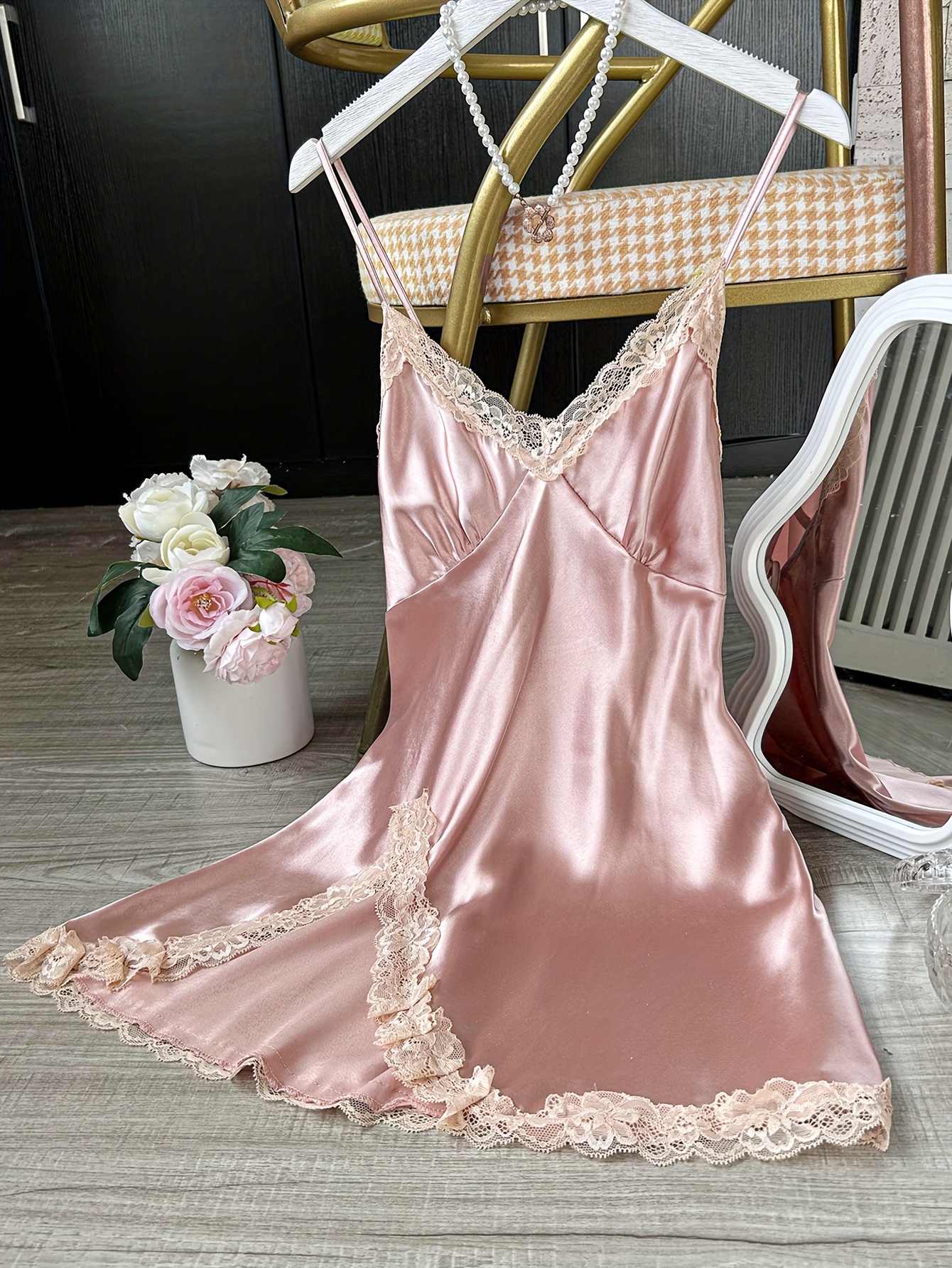 2-pack elegant lace-trimmed women's satin nightgowns, v-neck long sleep  dresses, solid color polyester slip for fall/winter, woven adult loungewear  | Free Shipping On Items Shipped From Temu | Temu