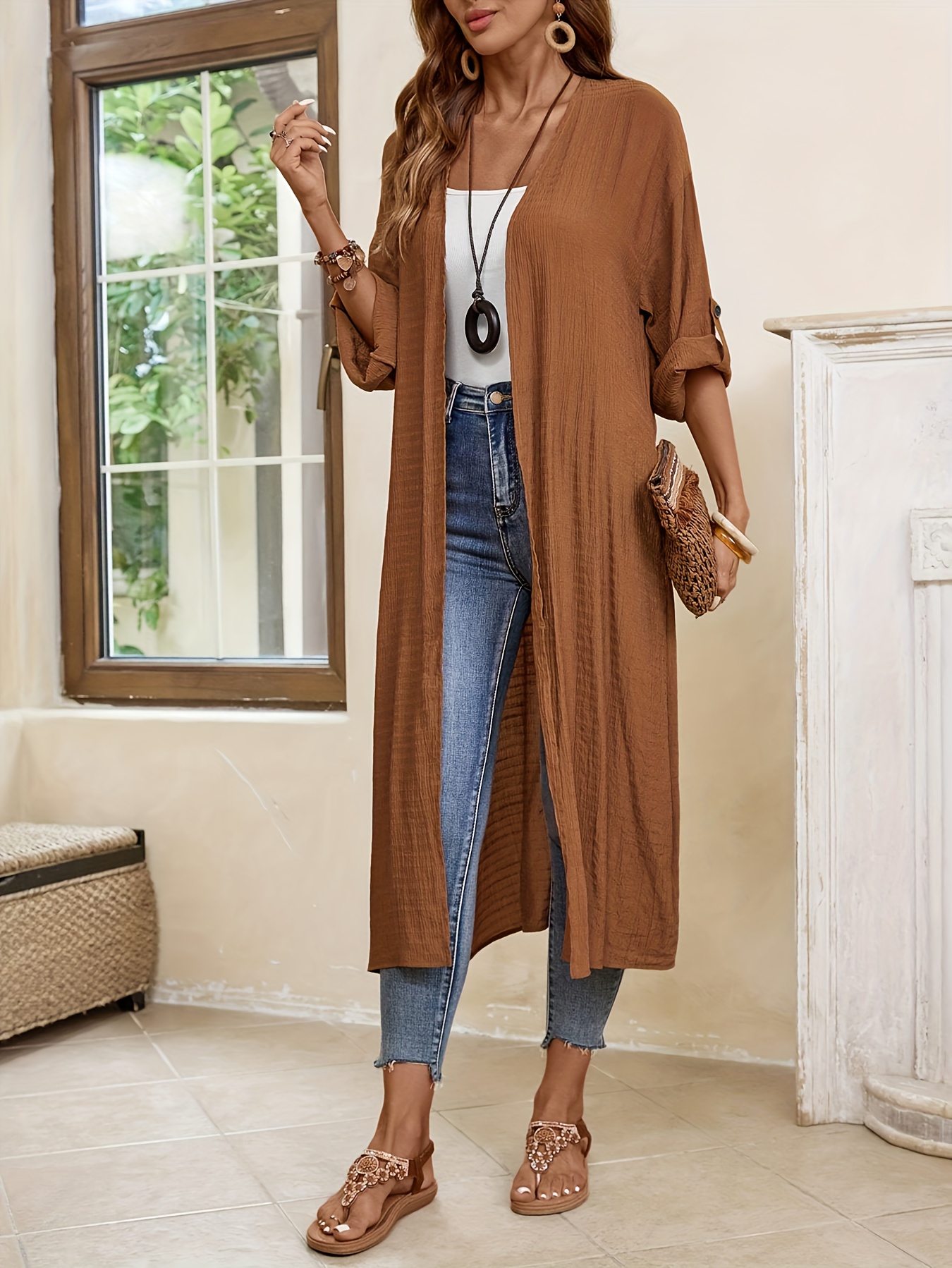 Women's Elegant Long Cardigan Open Front, Button Detail, Non-Stretch  Polyester Fabric, Brown Spring, Casual or Dressy Outfit, Lightweight  Cardigan