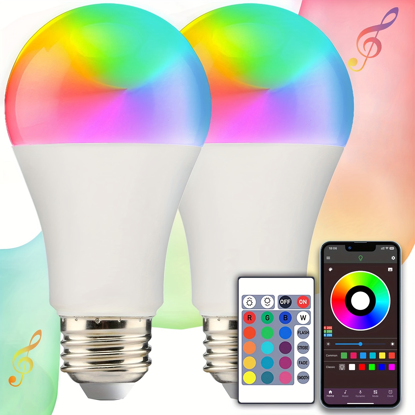 

E27 A19 Smart , Remote Control Light Bulb, 24key Remote And Smart App Control, Music Sync, Can Adjust Color And Brightness, Can Be Timed, Suitable For Room Decor, Party Decoration, Smart Home Lighting