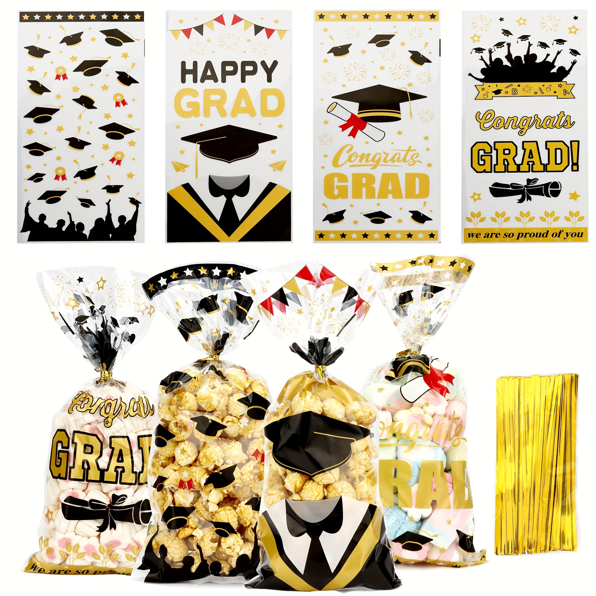 

50/100pcs Graduation Treat Bags, Graduation Cellophane Treat Bags Graduation Gift Bags, Graduation Candy Cookie Bags With Gold Ties For Graduation Party Favors Supplies (4 Styles)