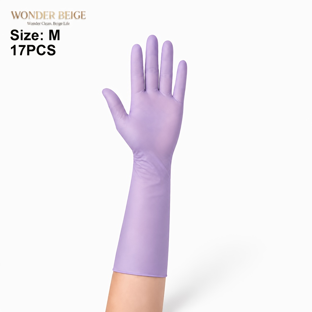 Image of Wonder Beige 12 Inch Purple Disposable Nitrile Gloves Pieces Extended Cuff Easy On Soft Breathable Stretchable Touchscreen Compatible For Home Cleaning Routine Tasks Men Women