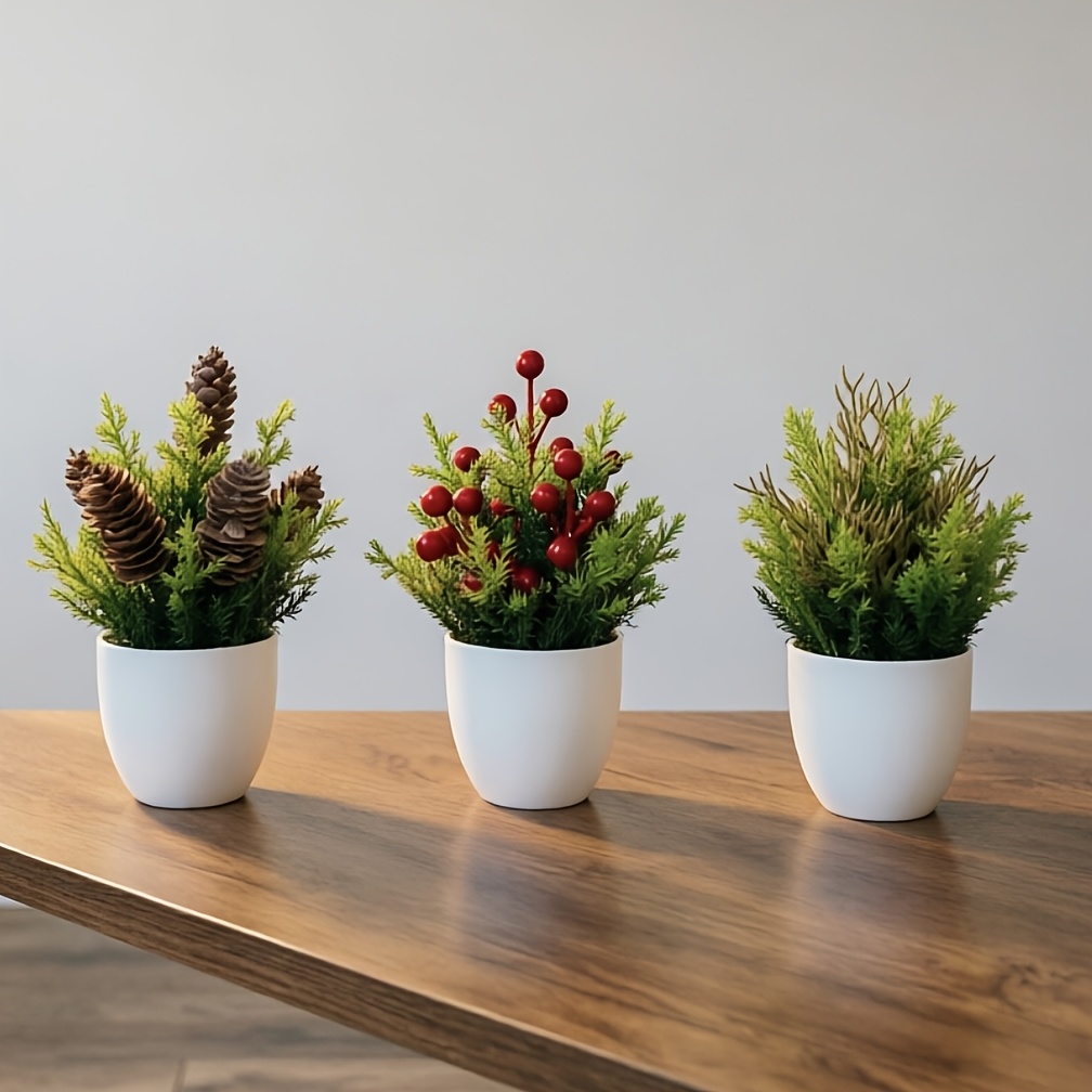 TEMU 3pcs Mini de Noël Artificiels en Pot, Décoration de Bureau de Noël Parfaite, Ornements Festifs, Décoration Intérieure avec Pot de Fleurs, Arbres