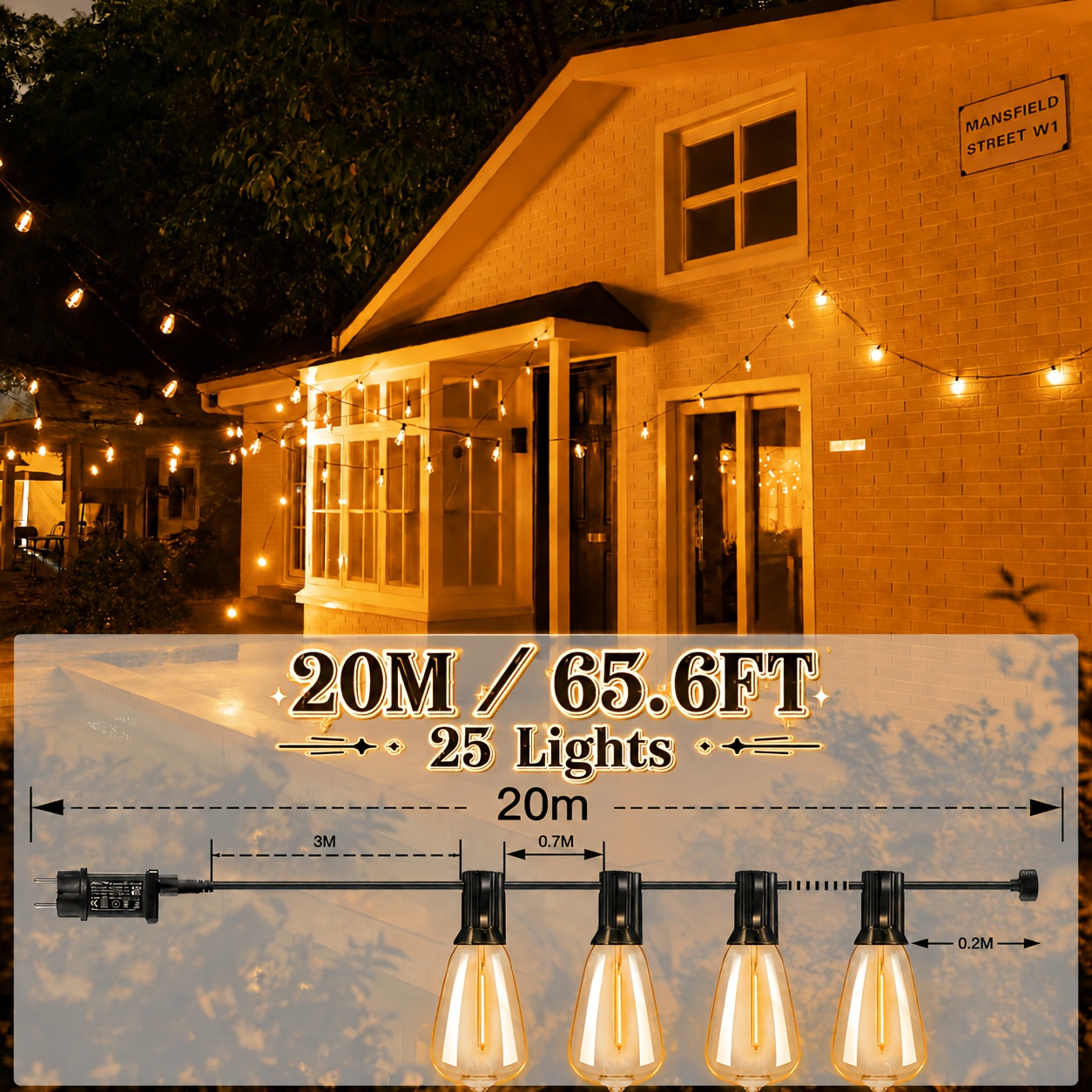 Image of St38 Outdoor String Lights With Plug, Ip44 Bulbs, 8 Lighting , Perfect For , Stairs, Patio, Garden, Party, Wedding, Holiday Scene Decorations, Gift