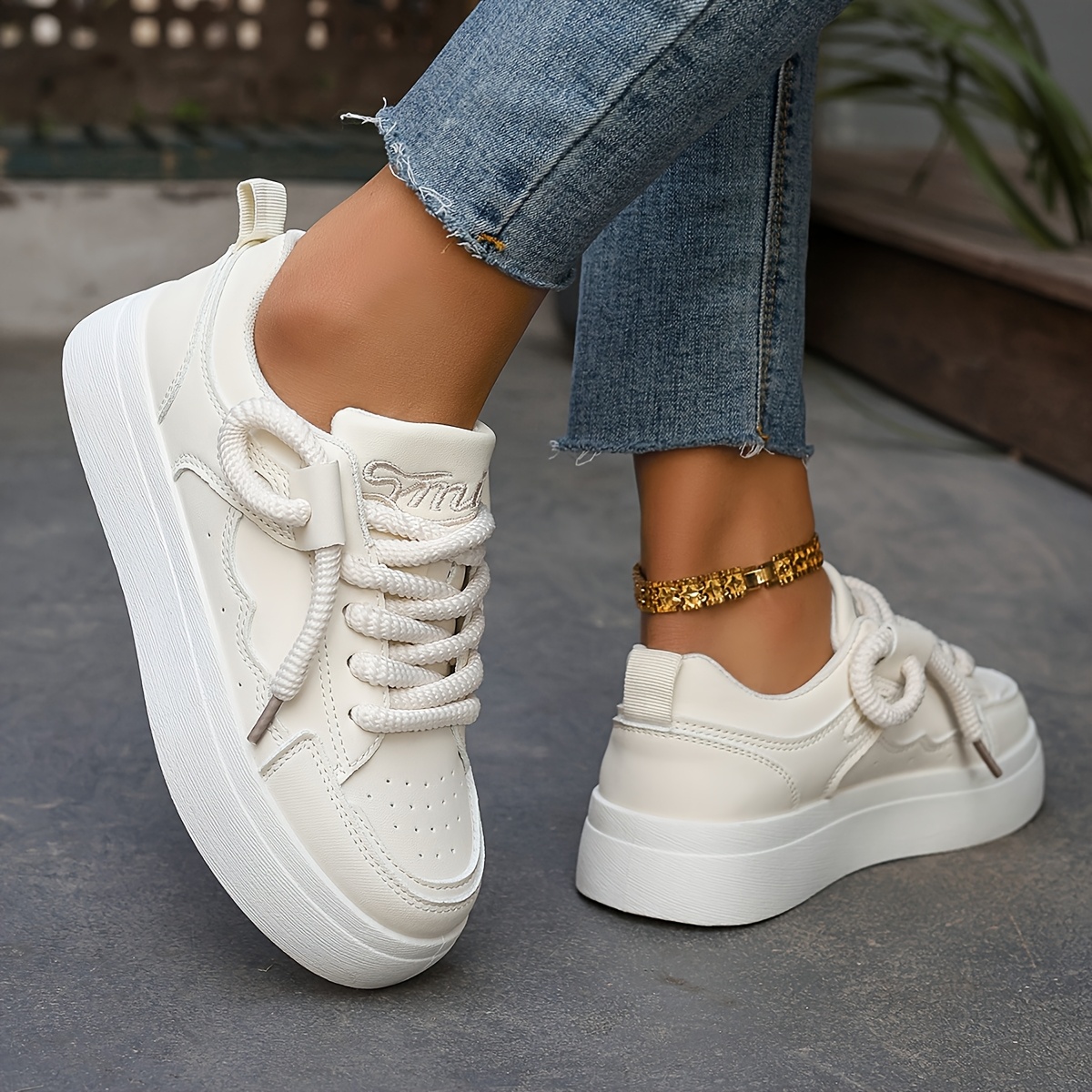 Women's Solid Color Casual Sneakers, Lace Up Platform Shoes