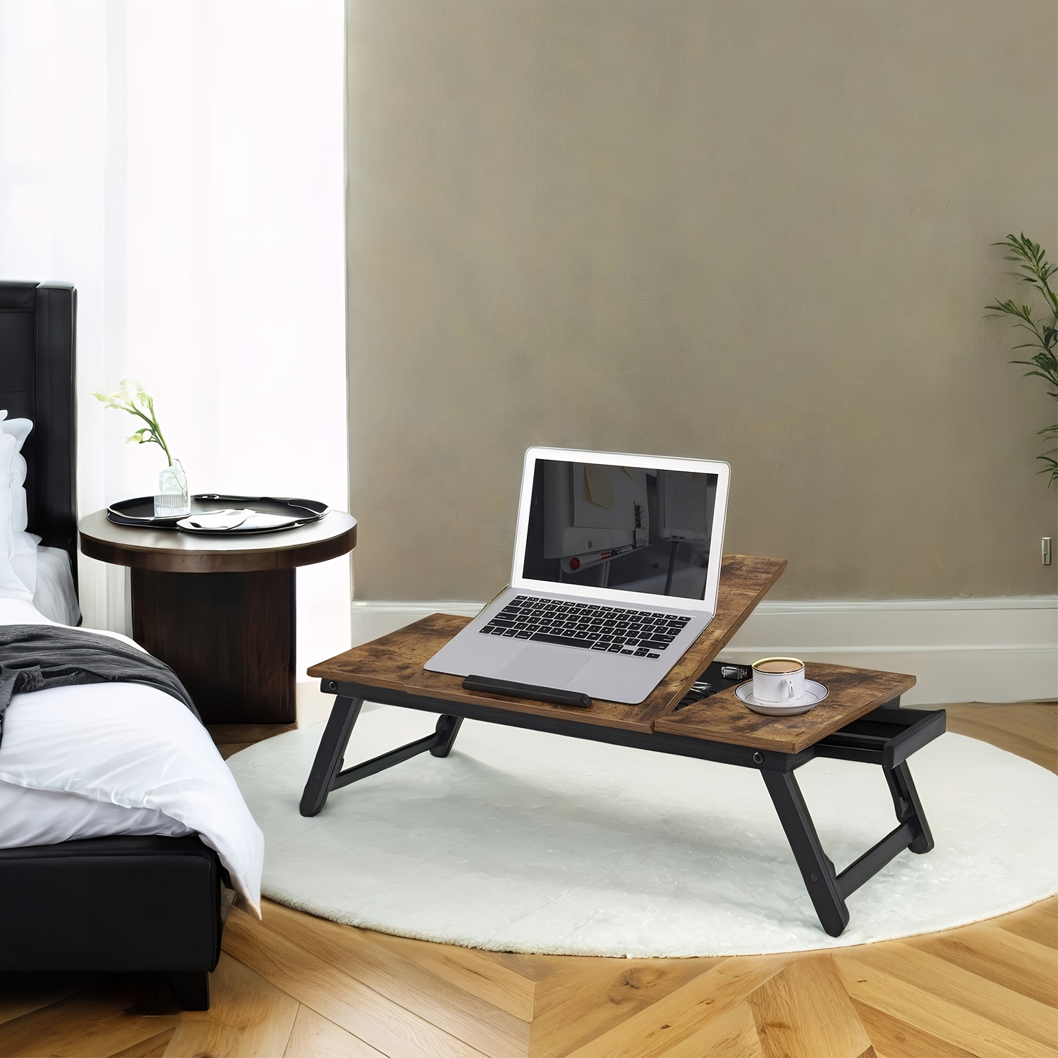 Laptop Table, Laptop Stand For Bed And Sofa, Foldable Legs, Height-adjustable, Small Drawer, 71 X 35 Cm, Brown