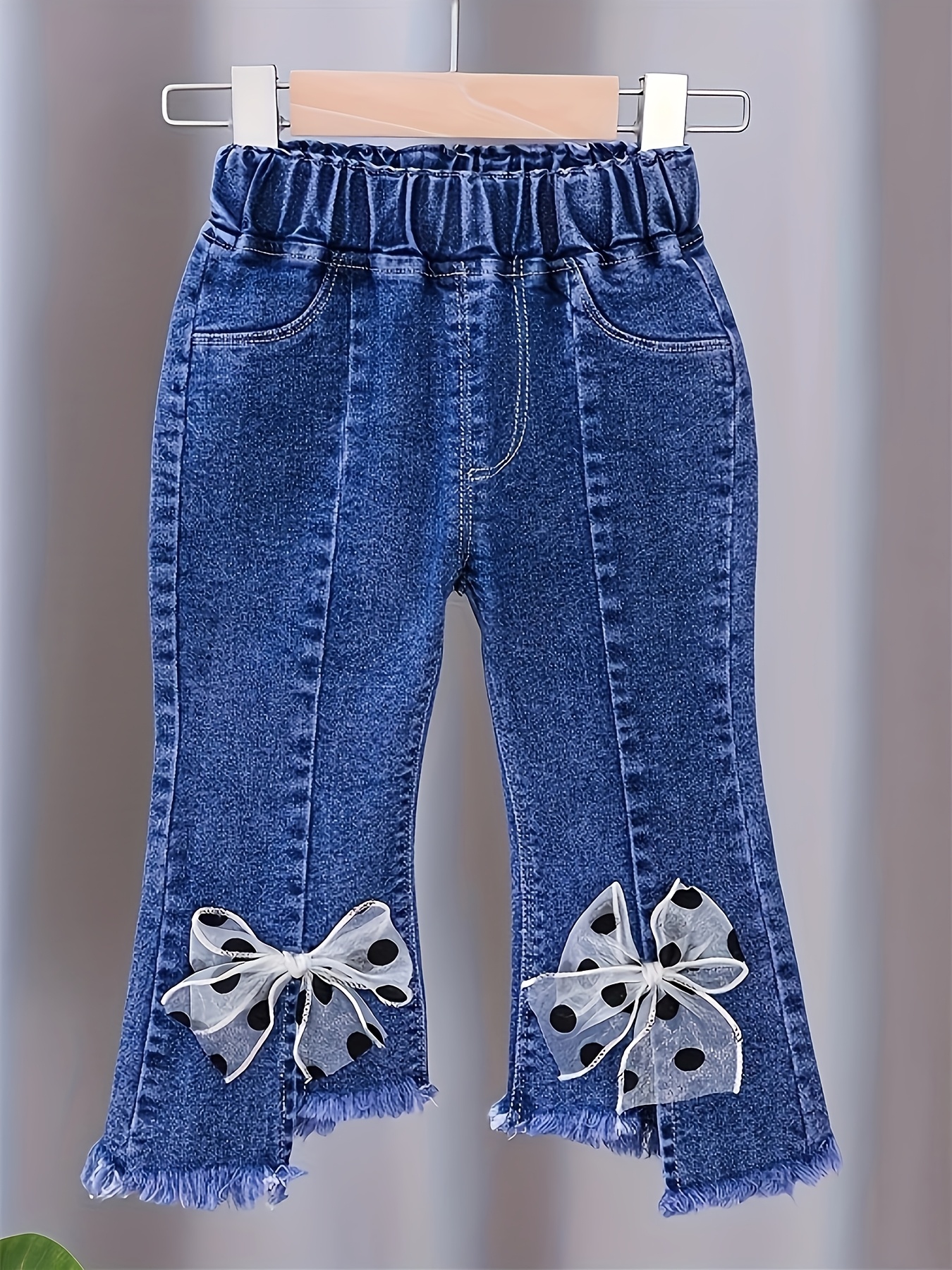 girls stretch denim flare jeans polka dot bow accents cute Temu