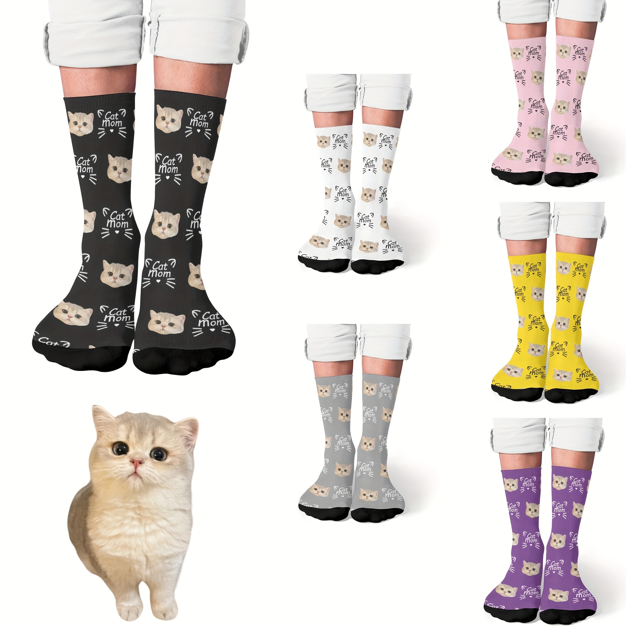 

Custom Face Crew Socks, Personalized Funny Gift Socks With Photo Customized, Faces & Cat Mom Print, Novelty Trendy Party Present Socks For Men