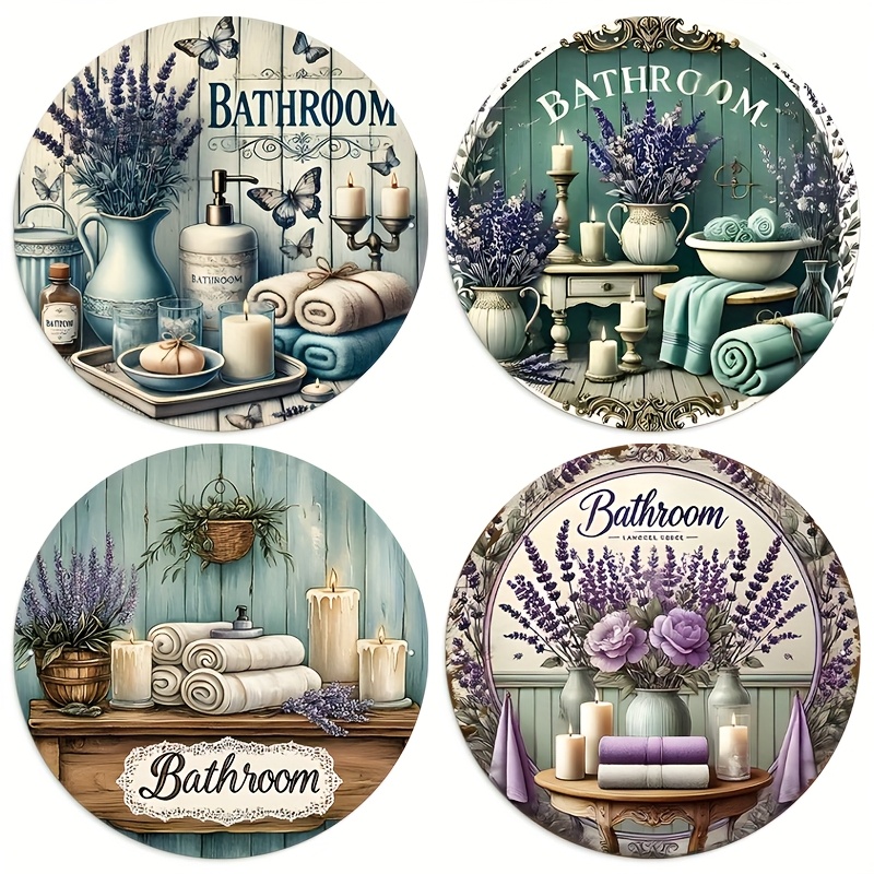 4pcs Vintage Lavender Wall Decor Rustic Round For Home, Cafe, Office, Bedroom, Bar, Pub, Garage, Farmhouse Decor, Washroom Toilet Decor 8x8 Inch