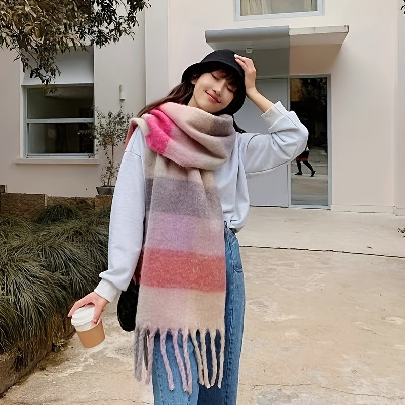TEMU Women's Autumn/winter Korean Style Colorful Fringed Brushed Warm Scarf For Students