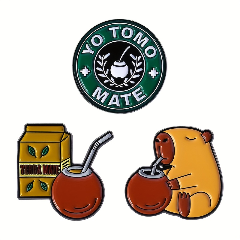 Image of 3pcs Yo Mate Brooch Creative Yerba Mate Series Badge Pin Unique Enamel Alloy Brooch Clothes Backpack Hat Accessories Unique Gifts For .