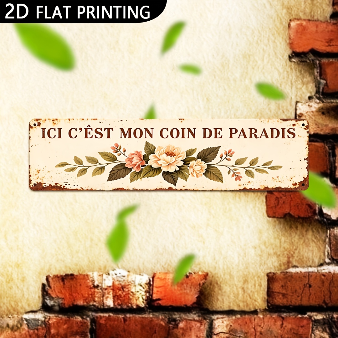 TEMU Plaque d'aluminium décorative plate 2D, - Ornement de style française avec "ICI COIN DE ", Bordure florale rétro beige et marron - Plaque