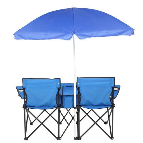 portable outdoor 2 seat folding chair with removable sun umbrella blue