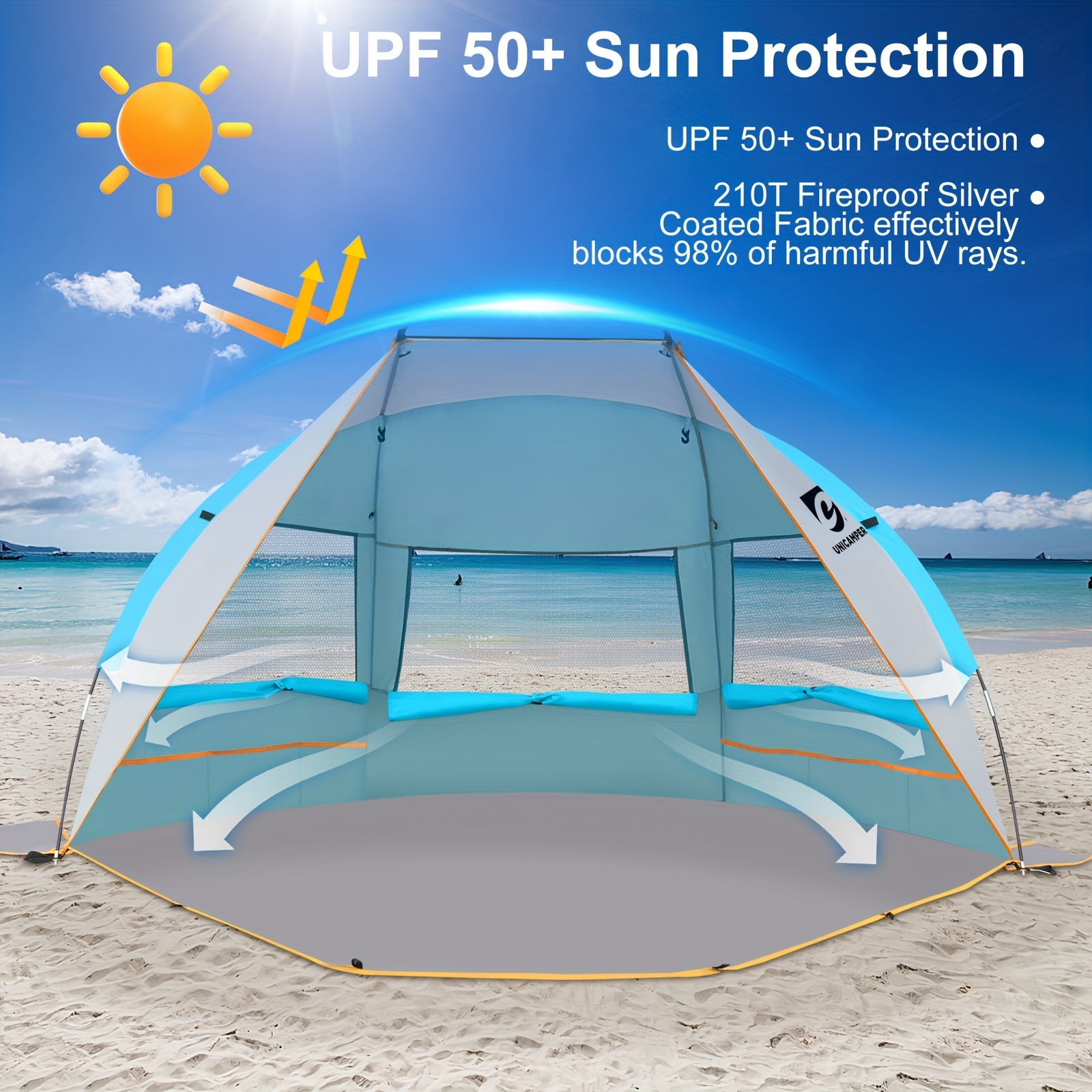 

Unicamper Beach Tent 3 Person Sun Shelter Upf 50+ With Extended Waterproof Pe Floor & 3 Mesh Roll Up Windows Fits, Portable Beach Shade Easy Setup For Outdoor Camping, Indoor, Fishing, Yard. (blue)