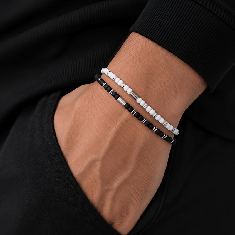 TEMU Set bracciali a perline di semi a righe bianche e nere, braccialetti da polso minimalisti impilabili con perline per , gioielli da polso casual