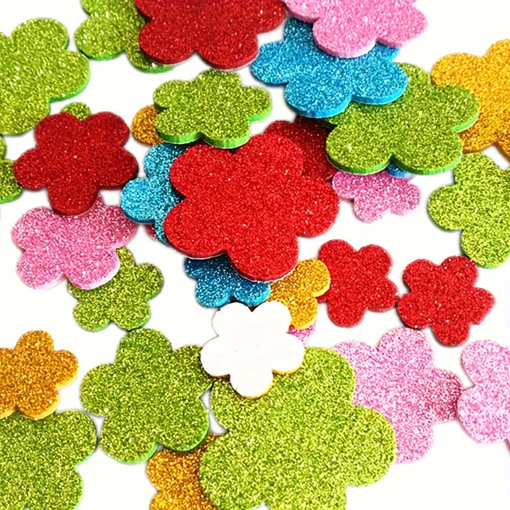 

100pcs, Glitter Flower Shaped Stickers Holiday Decorations Self-adhesive Flowers Glitter Foam Stickers, For Art Craft Supplies Greeting Cards Home Decor Holiday Decoration Supplies