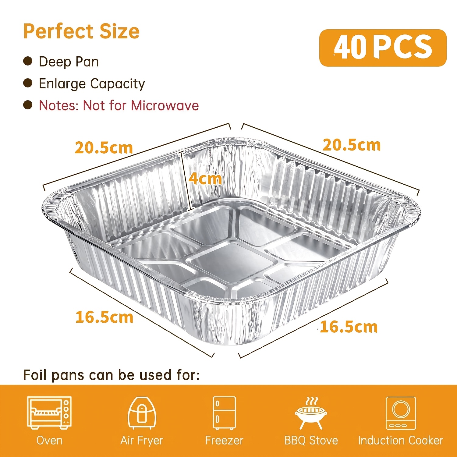 TEMU Juego de 40 bandejas de aluminio para hornear, que miden 20 cm x 20 cm x 4 cm, ideales para asar, desechables para uso en horno y congelador,