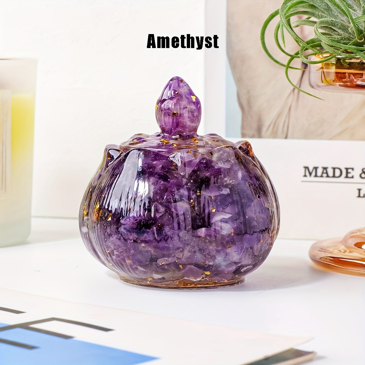 TEMU 1pc Natural Handmade Lotus Flower Bud Shaped Box Crushed Stone Resin, Lotus-shaped Box With Lid, Jewelry Display, Storage Container Ornaments,