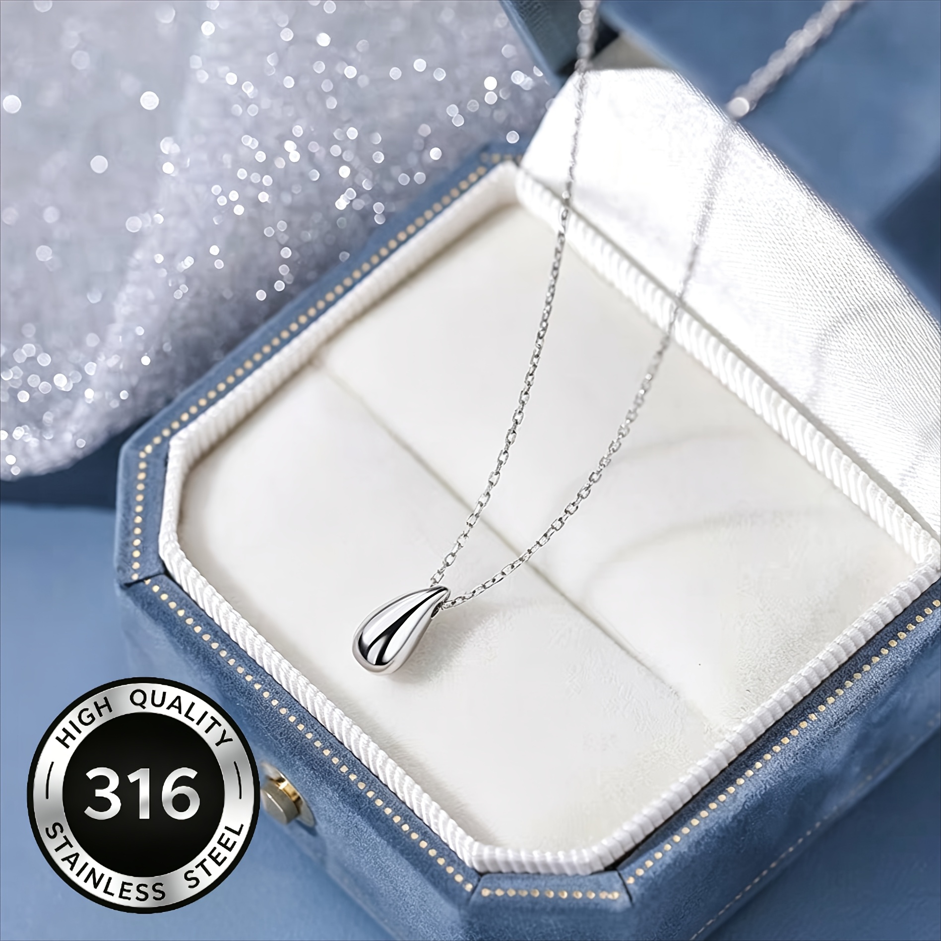Women's Small Water Drop Pendant Necklace, Stainless Steel