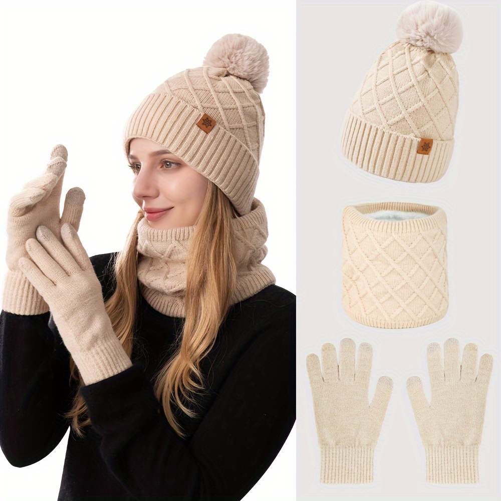 

Women's 3pcs Winter Knit Hat, Scarf & Gloves Set - Cozy, Windproof With Ear Protection | Warm Touchscreen Gloves For Outdoor Activities | Parties & Holiday Gifts