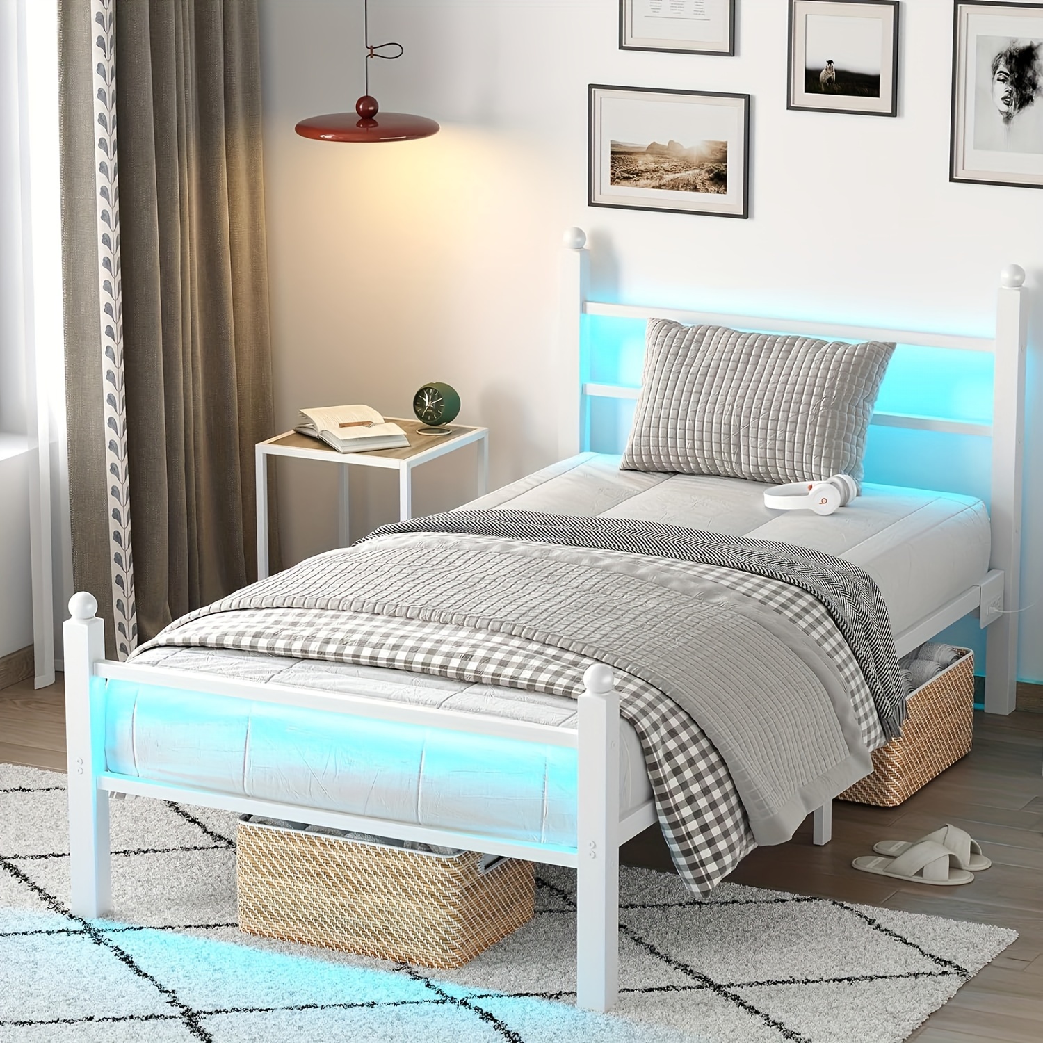 TEMU Twin/ Full/ Queen Bed Frame With Headboard And Footboard, Heavy Duty Steel Slats Support Metal Bed Frame With Charging Station, Twin Bed Frame