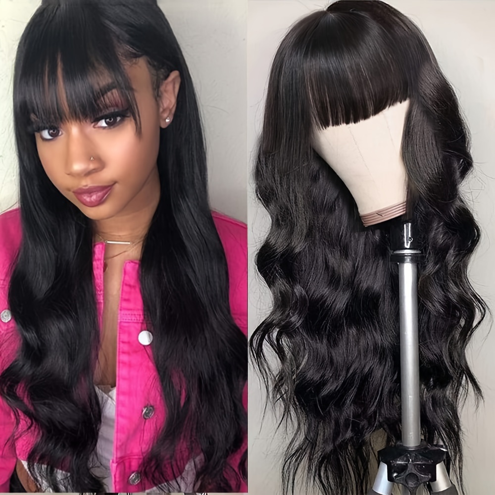 

Body Wave Wigs With Bangs Human Hair Wigs For Women None Lace Front Wigs Brazilian Virgin Hair Glueless Machine Made Wig Human Hair Wigs With Bangs Natural Color 180% Density