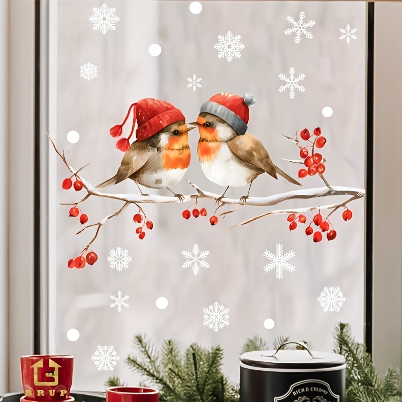 Image of Brup Reusable Static Cling Window Stickers Compatible For, Mirrors, Doors - Cute Christmas Bird With Berry & Snowflake Winter Decals, Pvc Holiday Decoration, (irregular Bird Shape)