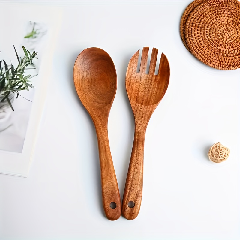 TEMU Set pezzi di cucchiaio e forchetta in legno per insalata, set di cucchiaio e forchetta in legno di acacia, forchetta e cucchiaio per l'insalata,