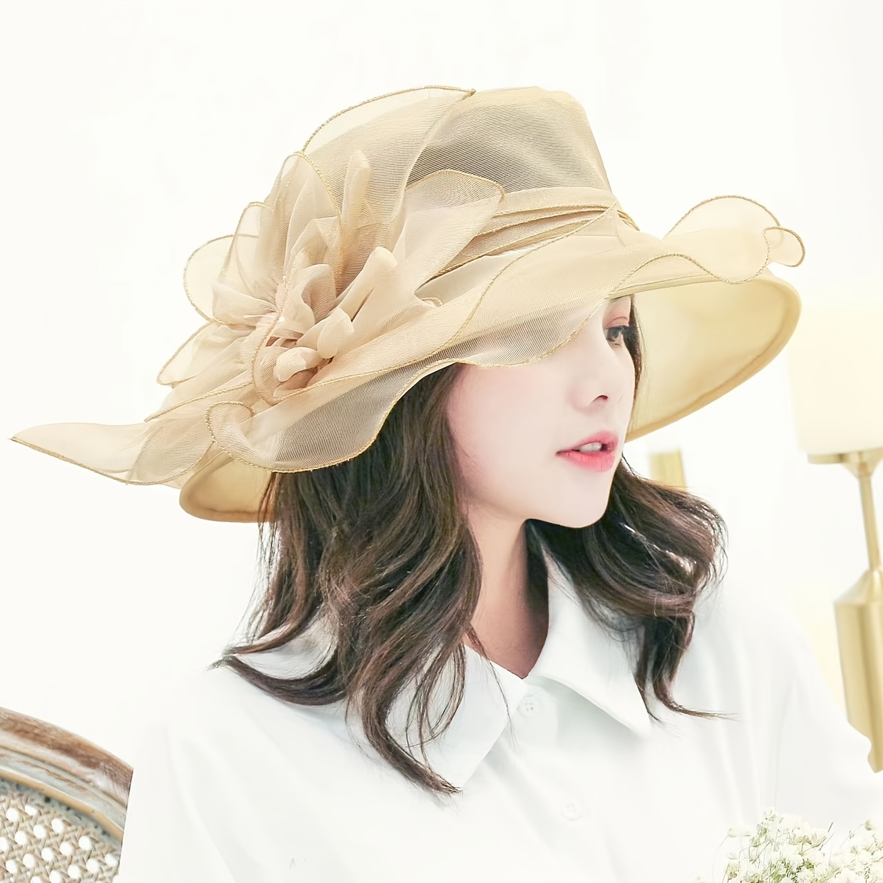 Organza Sun Visor Cap Wide Brim Fedora Adjustable Flower Decoration Derby Hat Shenmeida Lace Floral Design Dot Breathable Wide Brim Cap  main image 4