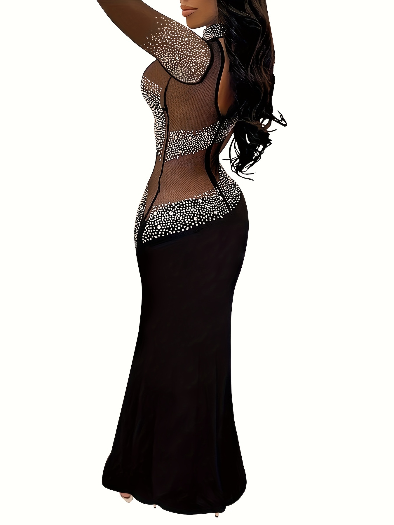 mesh stitching sequin cocktail dress elegant long sleeve slim fit floor length evening dress for party banquet womens clothing details 0