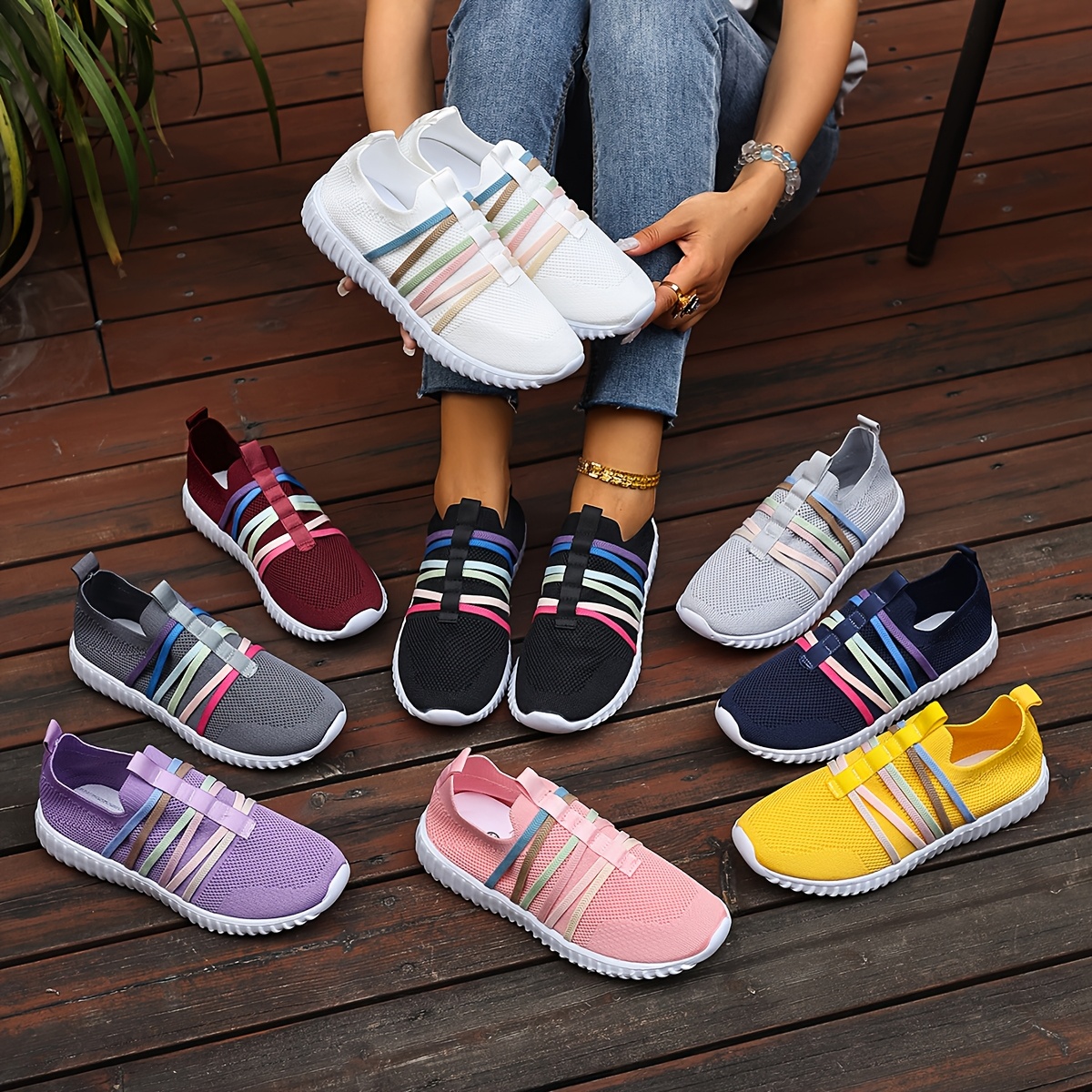women's slip casual sneakers colorful stripes breathable Temu