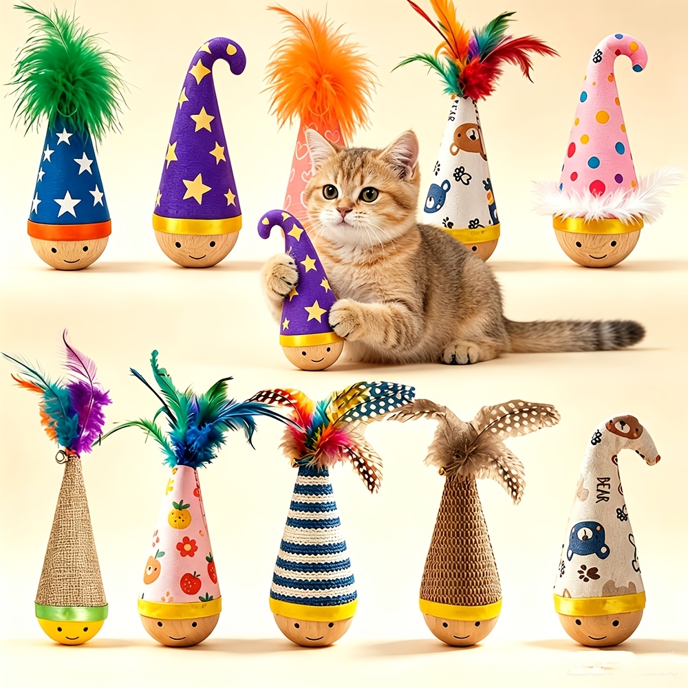 TEMU 2pcs Cartoon Printed Cat Tumbler Toys, Random Style And Color, Interactive Indoor Cat Teaser Toys For Play And Exercise, Without Battery