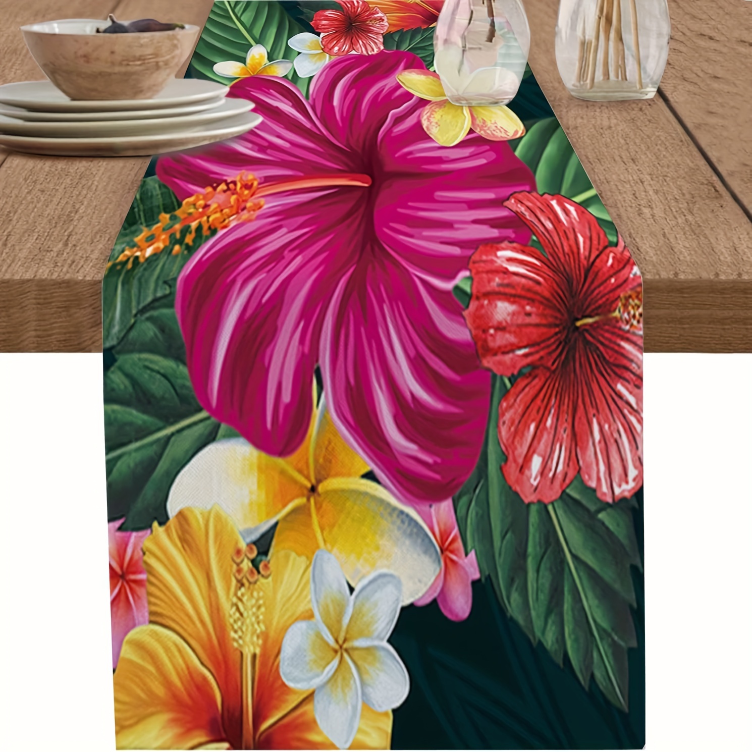 

Linen Table Runner 13x72 Inches - Woven Rectangle Floral Hibiscus Plumeria Rubra Design For Kitchen Dining Decor, Family Gatherings, Parties, And Wedding Table Decorations - 1pc