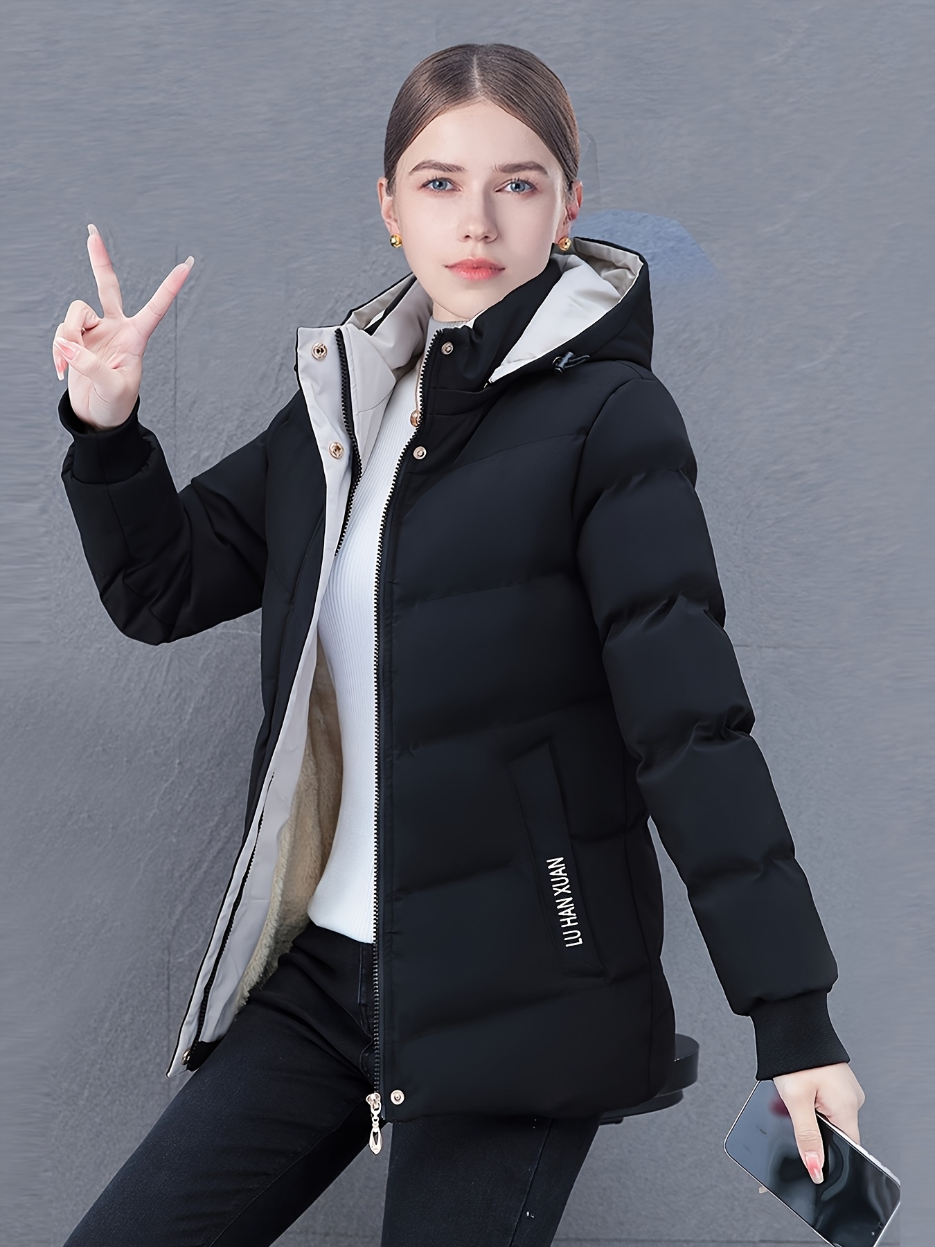 womens   puffer jacket with   fur lined hood warm cozy and fashionable winter coat for fall and winter polyester lining long sleeve regular fit winter jacket   fur hooded jacket zippered jacket