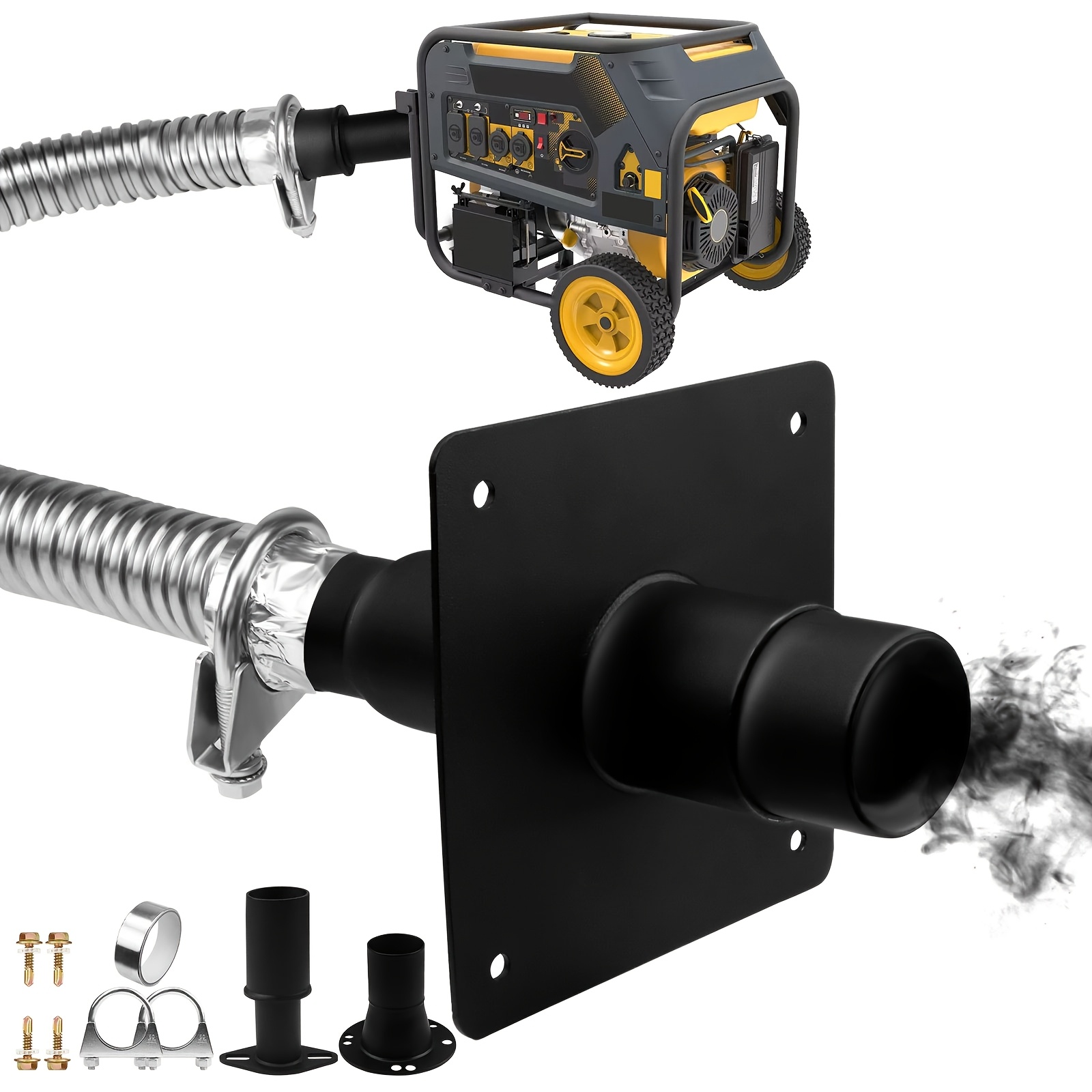TEMU Kit For Extending The Exhaust Of A Universal Generator, Featuring An Insulated Wall-mounting Plate, An Upgraded Exhaust Pipe, And A Muffler Designed To Significantly Lower Noise Levels